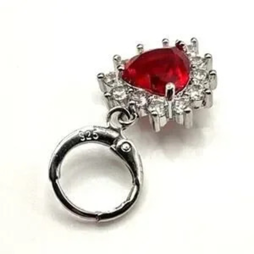 925 Sterling Silver Heart Earrings w/ Synthetic Ruby & Diamonds Valentines Gift
